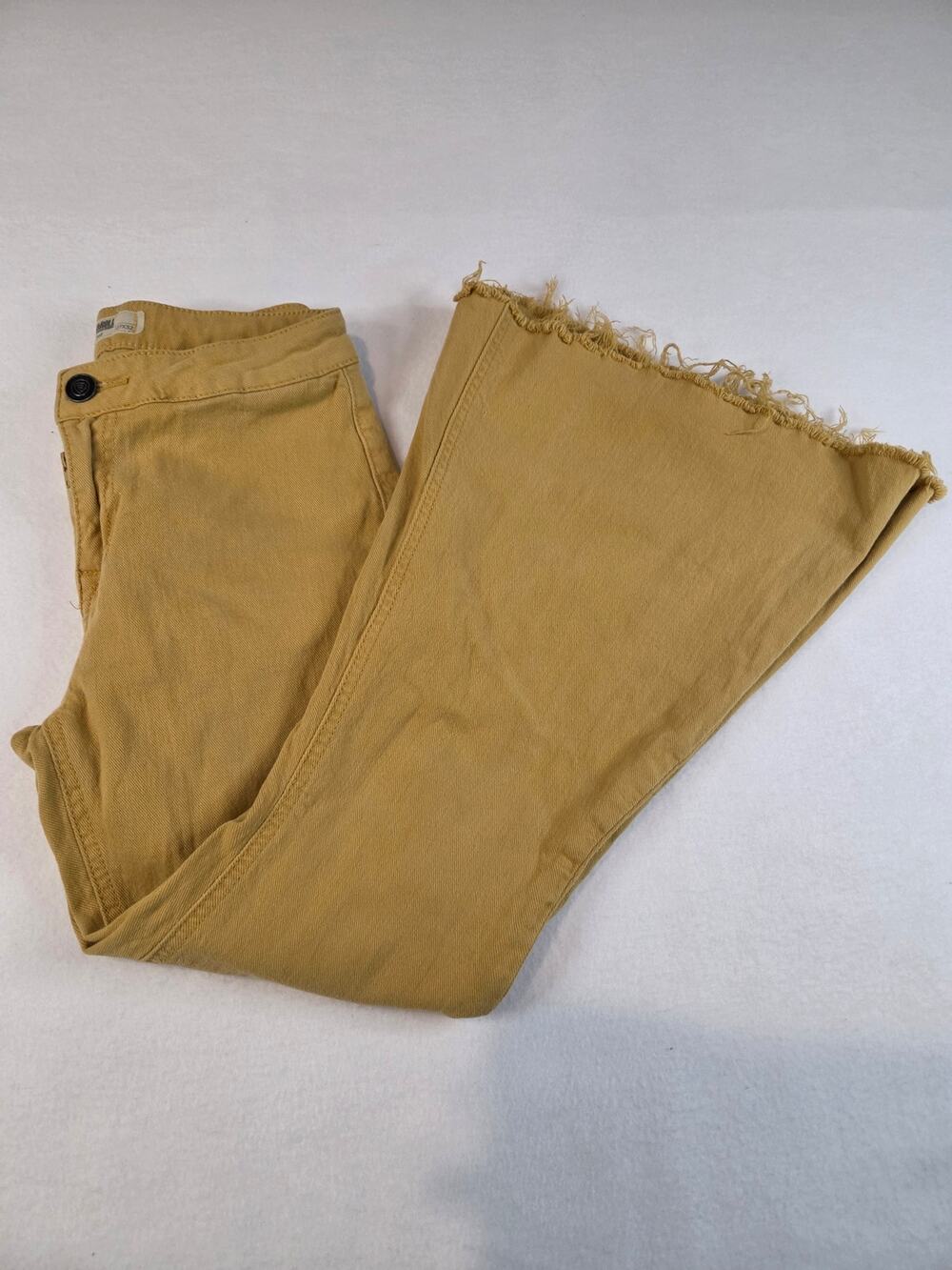 Rock & Roll Denim Women's Flare Jeans Mustard Tan Raw Hem Stretch Size 27